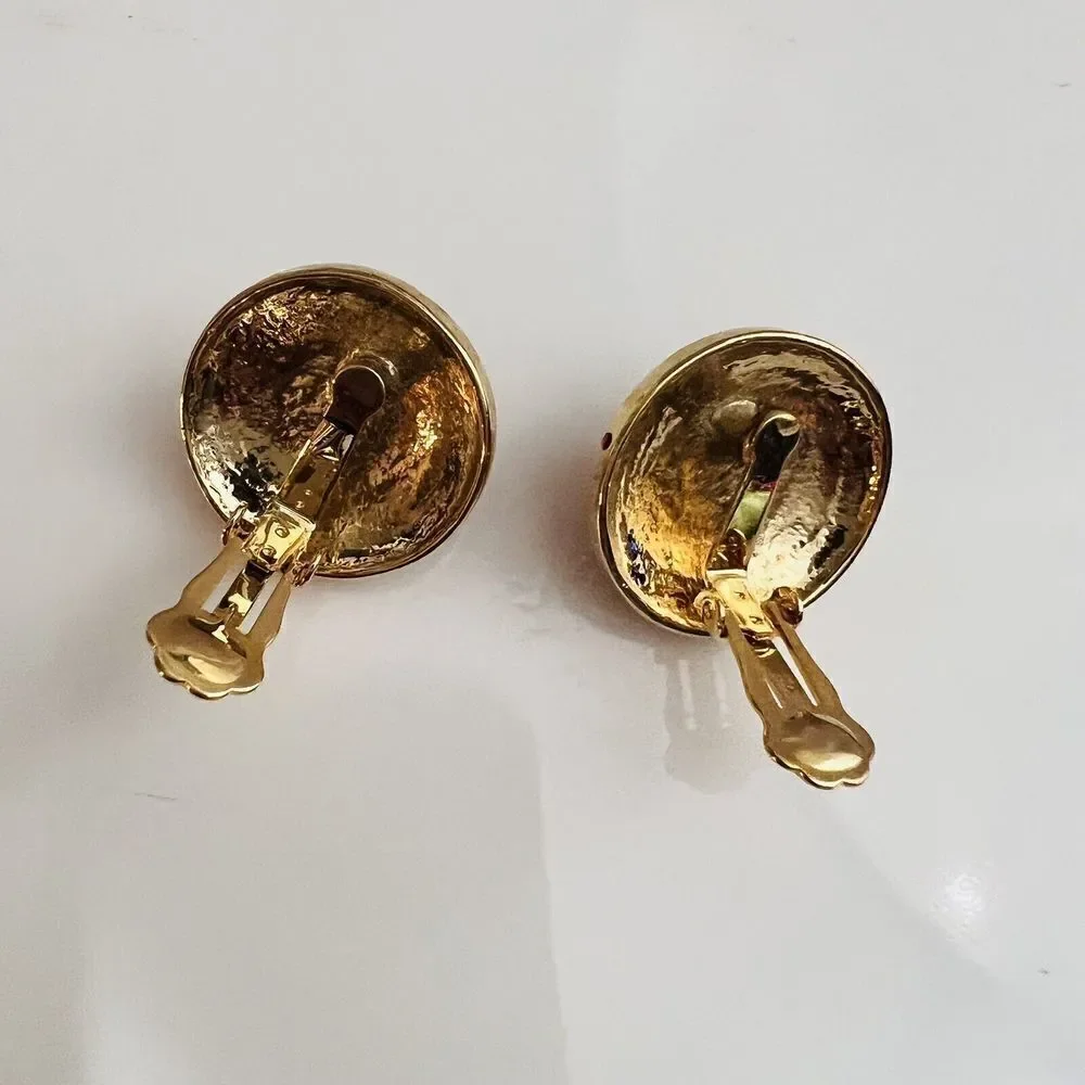 Vintage Galleria Gripoix Earrings Clip On Red Glass Enamel Gold Tone Round 4619